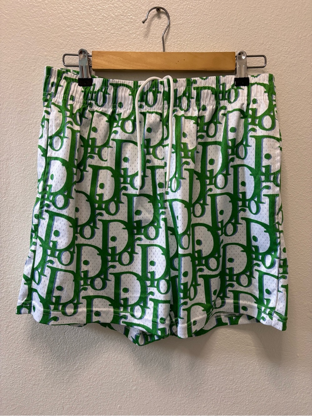 Macy's White Swim Board Shorts with Green Logo Print
